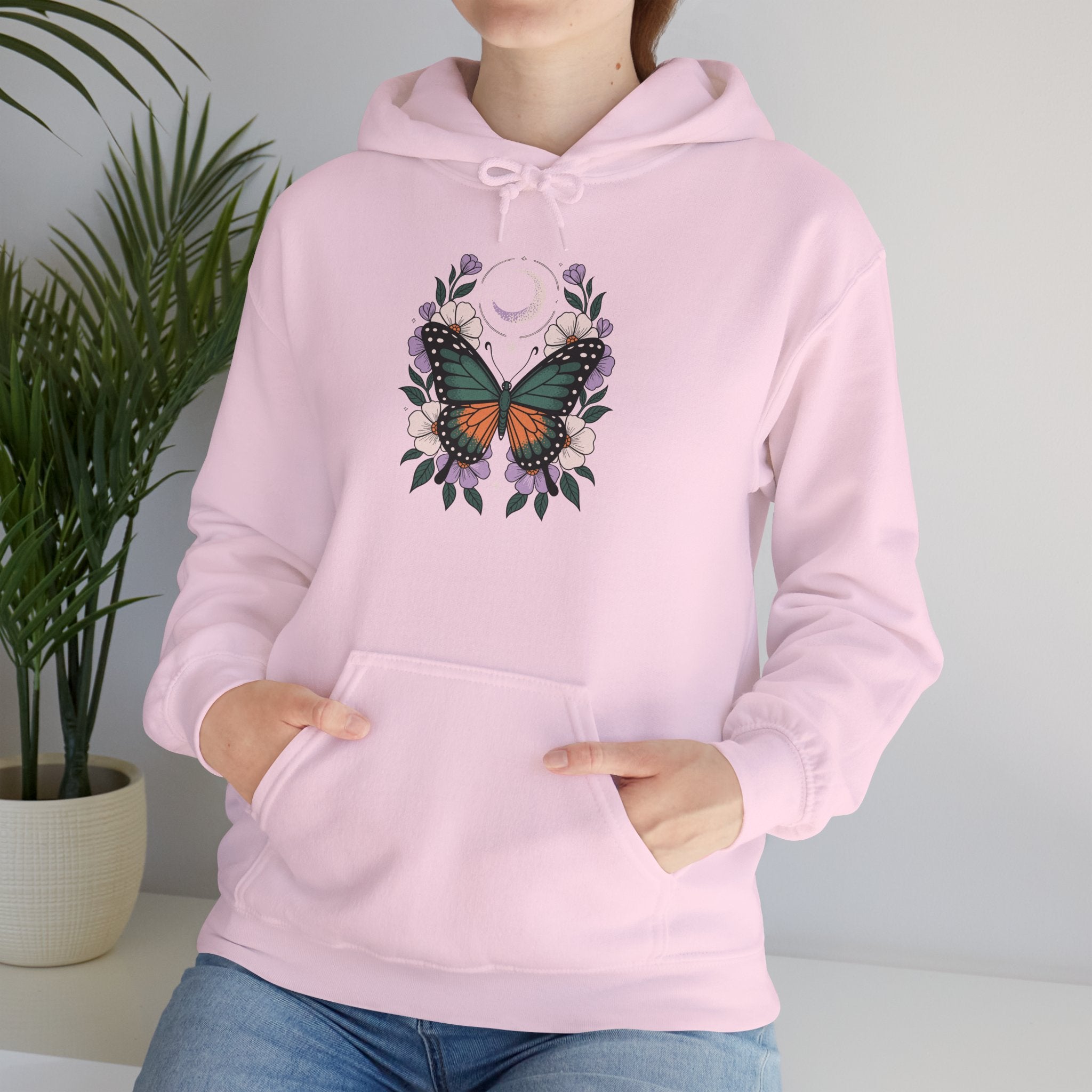 Butterfly Moon Floral Hoodie — Monarch Butterfly Crescent Moon Sweatshirt