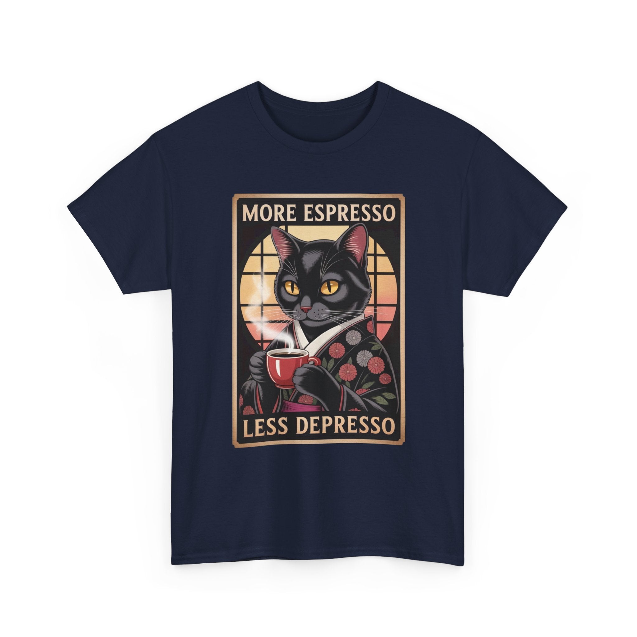 T-Shirt — "More Espresso Less Depresso" Cat Coffee Vintage Graphic Tee