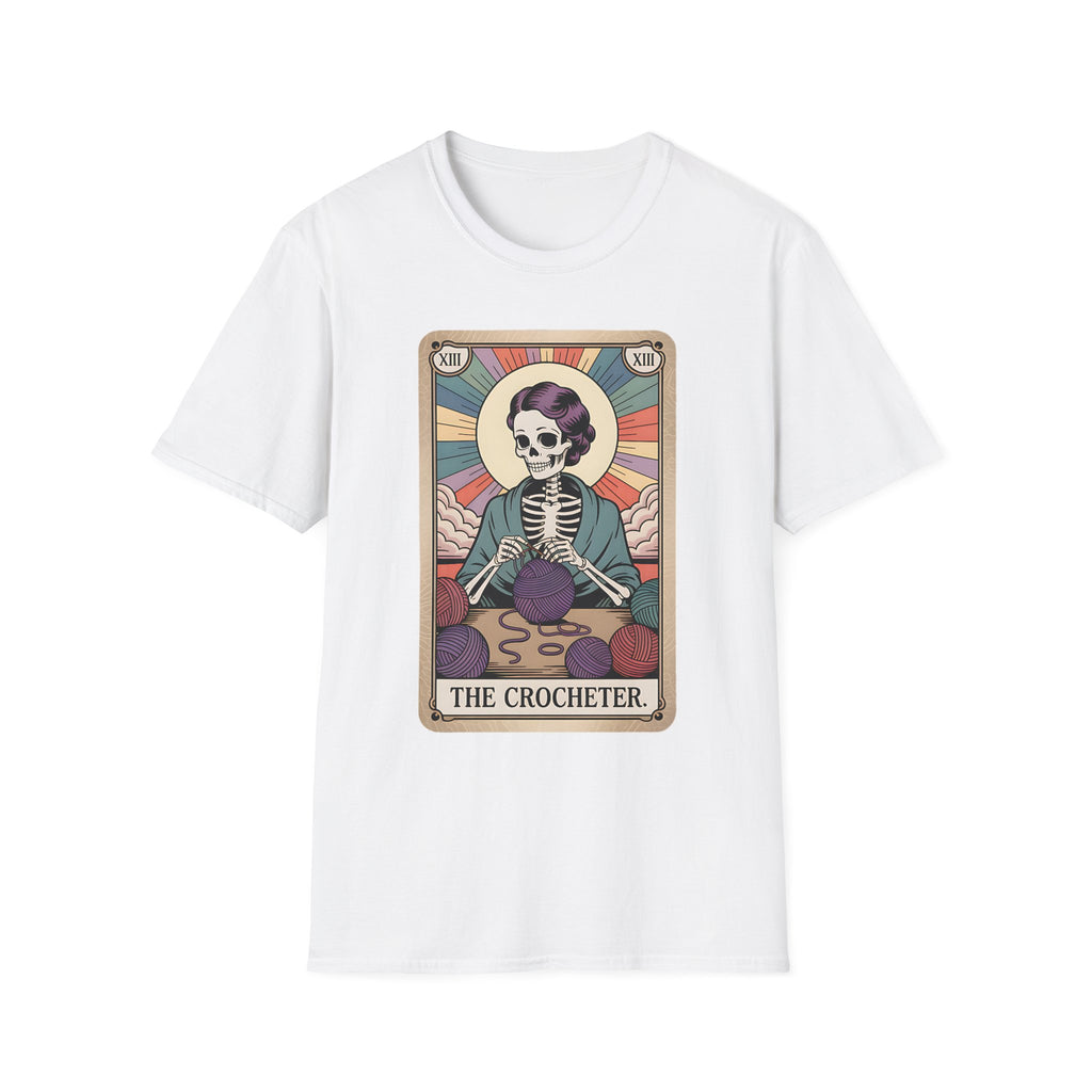The Crocheter Tarot T-Shirt — Skeleton Knitting Card Tee for Crochet Lovers
