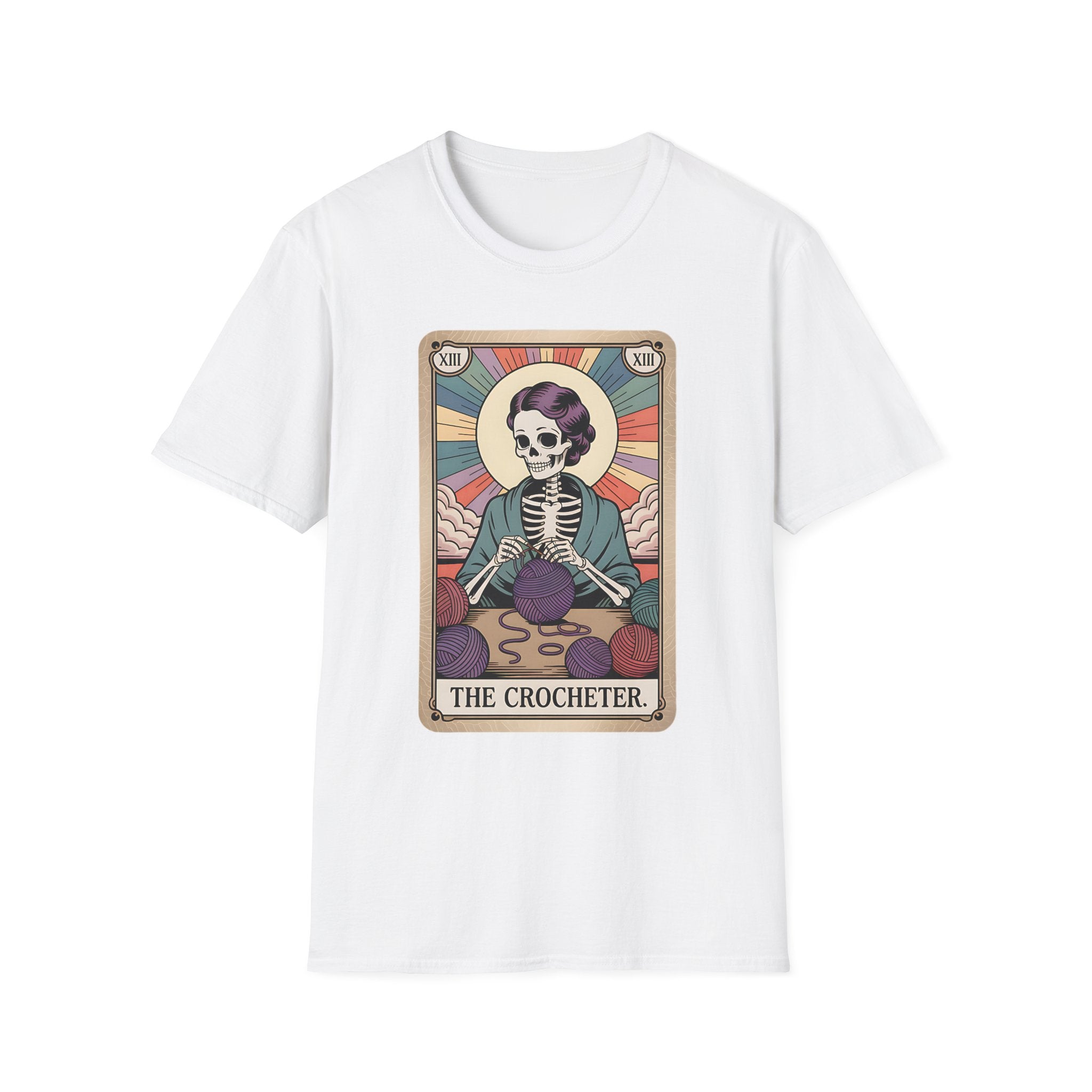 The Crocheter Tarot T-Shirt — Skeleton Knitting Card Tee for Crochet Lovers