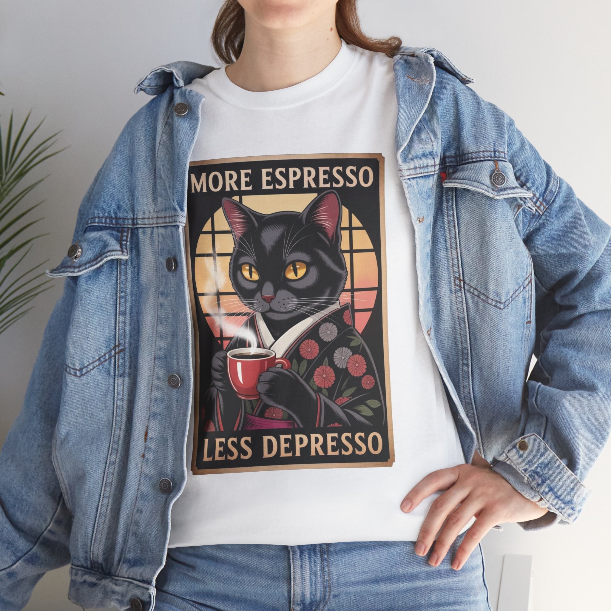 T-Shirt — "More Espresso Less Depresso" Cat Coffee Vintage Graphic Tee