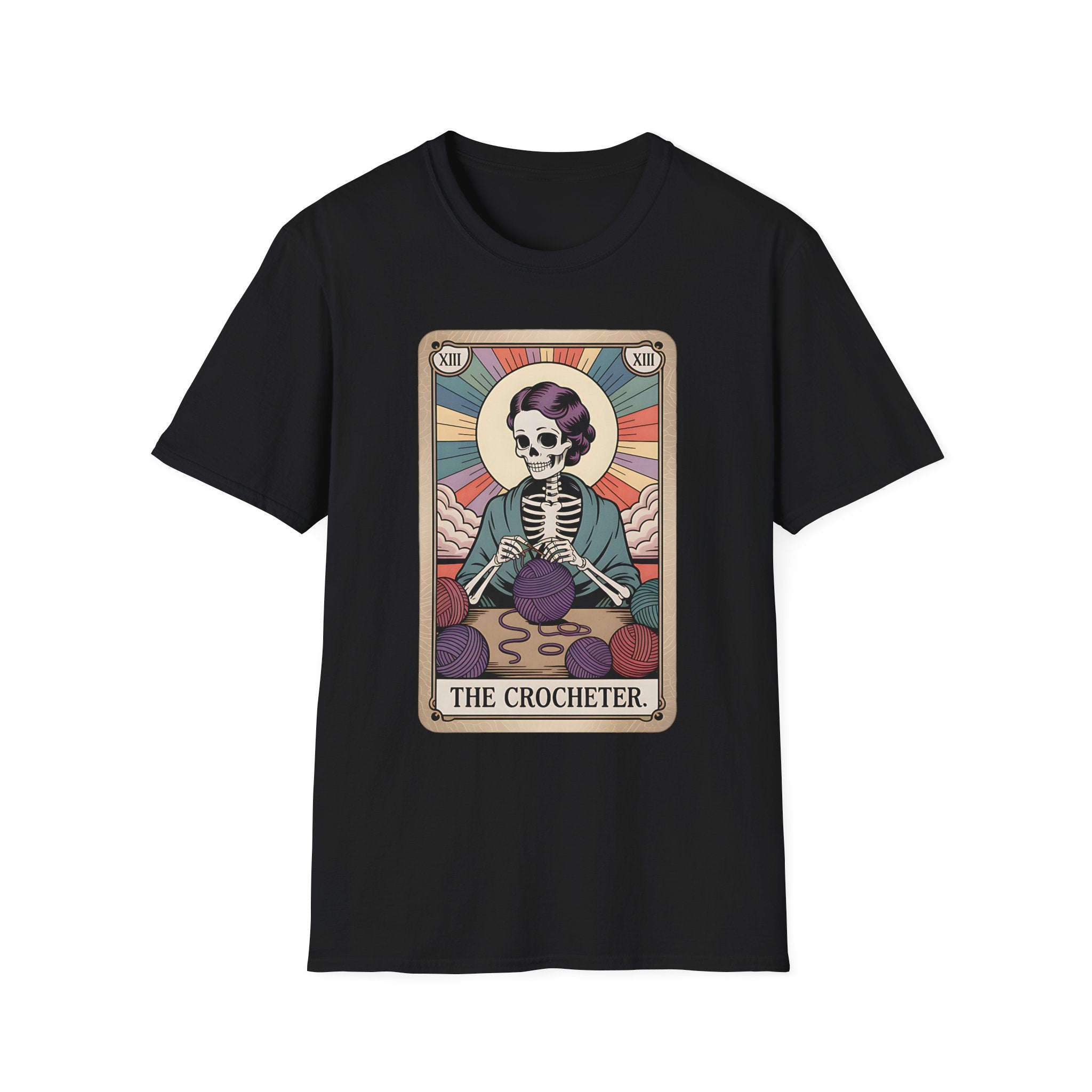 The Crocheter Tarot T-Shirt — Skeleton Knitting Card Tee for Crochet Lovers