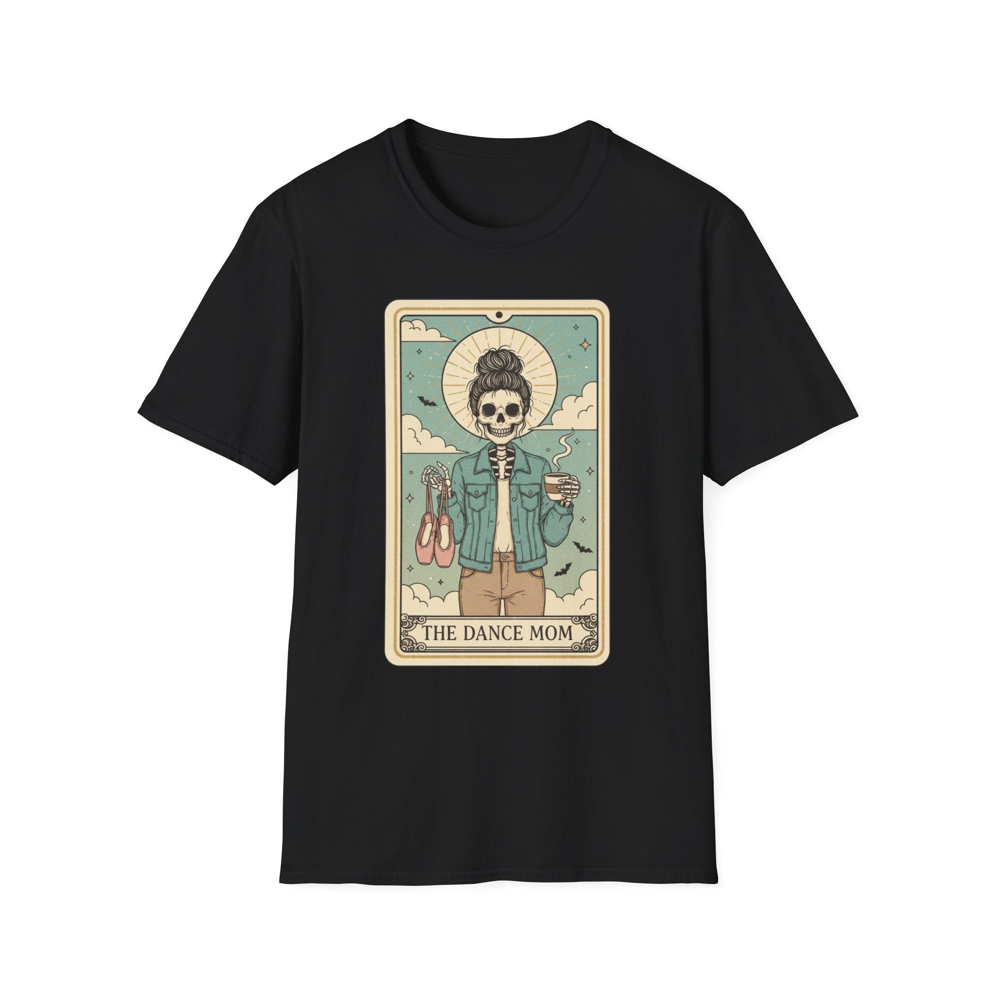 The Dance Mom Tarot T-Shirt — Skeleton Mom Holding Ballet Shoes Graphic Tee