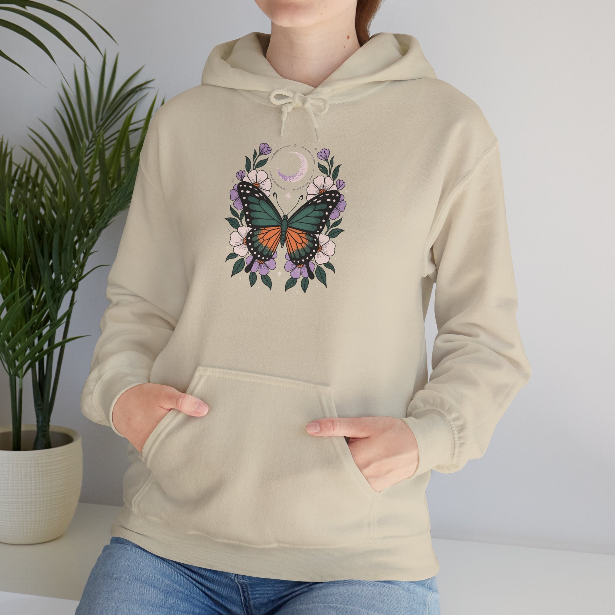 Butterfly Moon Floral Hoodie — Monarch Butterfly Crescent Moon Sweatshirt