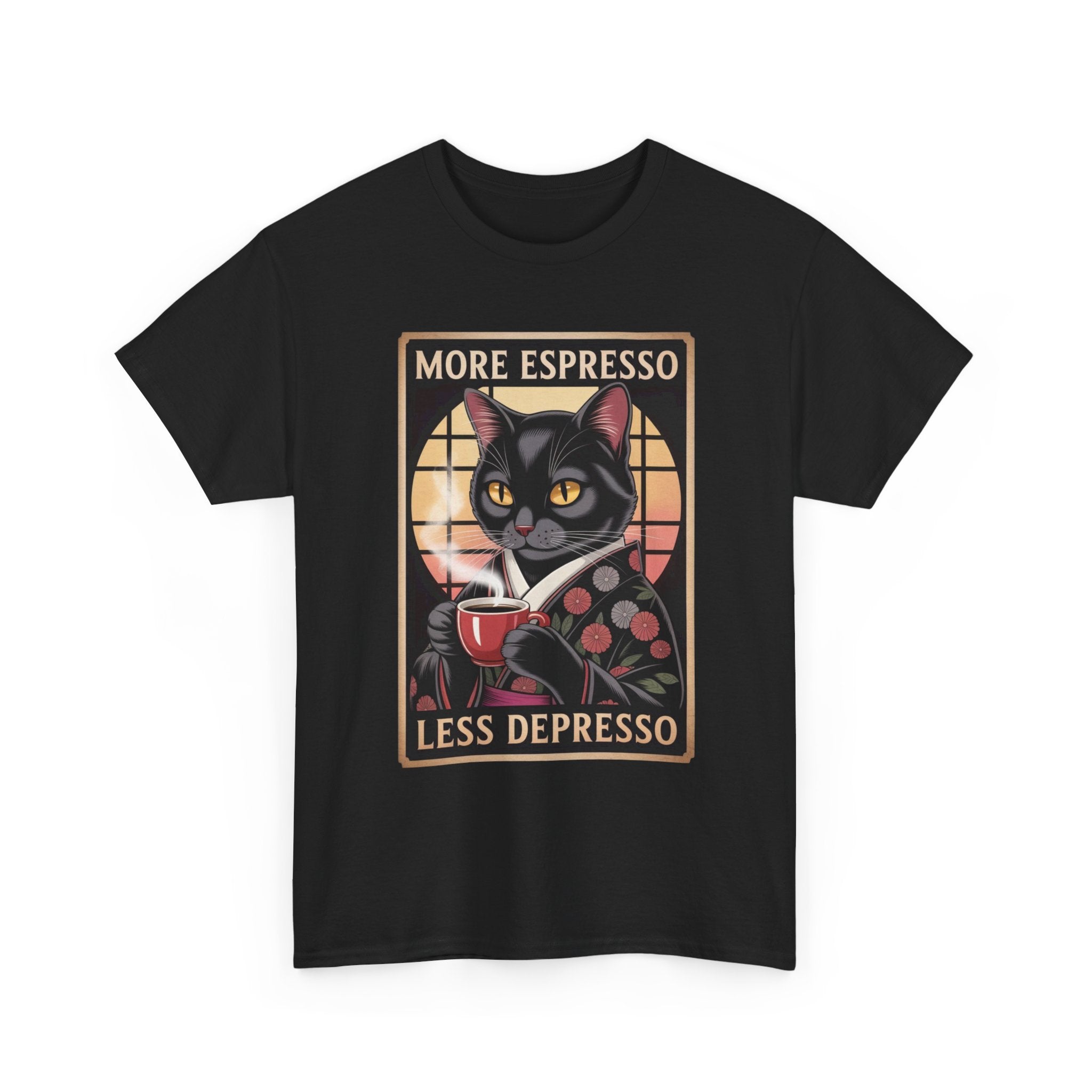 T-Shirt — "More Espresso Less Depresso" Cat Coffee Vintage Graphic Tee