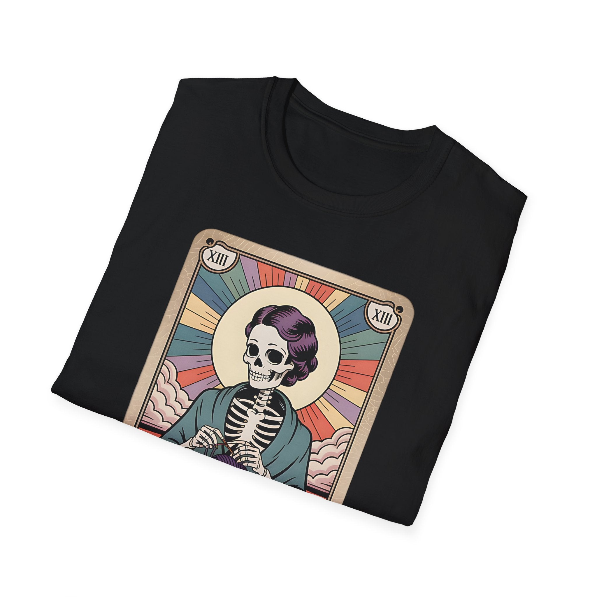 The Crocheter Tarot T-Shirt — Skeleton Knitting Card Tee for Crochet Lovers