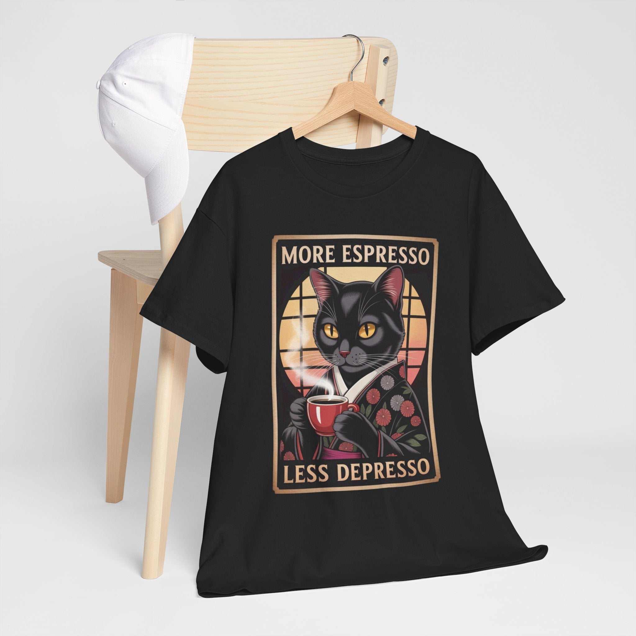 T-Shirt — "More Espresso Less Depresso" Cat Coffee Vintage Graphic Tee