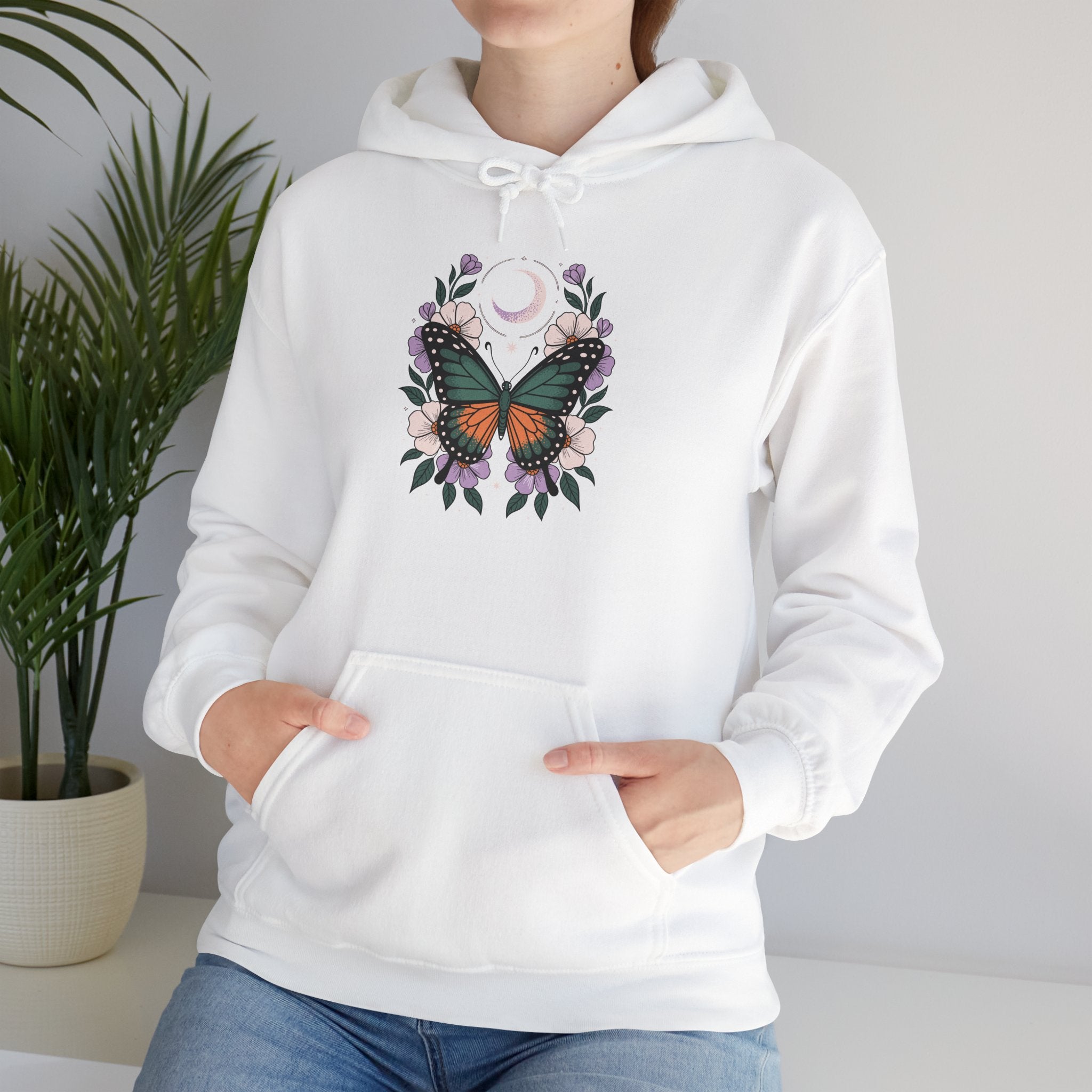 Butterfly Moon Floral Hoodie — Monarch Butterfly Crescent Moon Sweatshirt