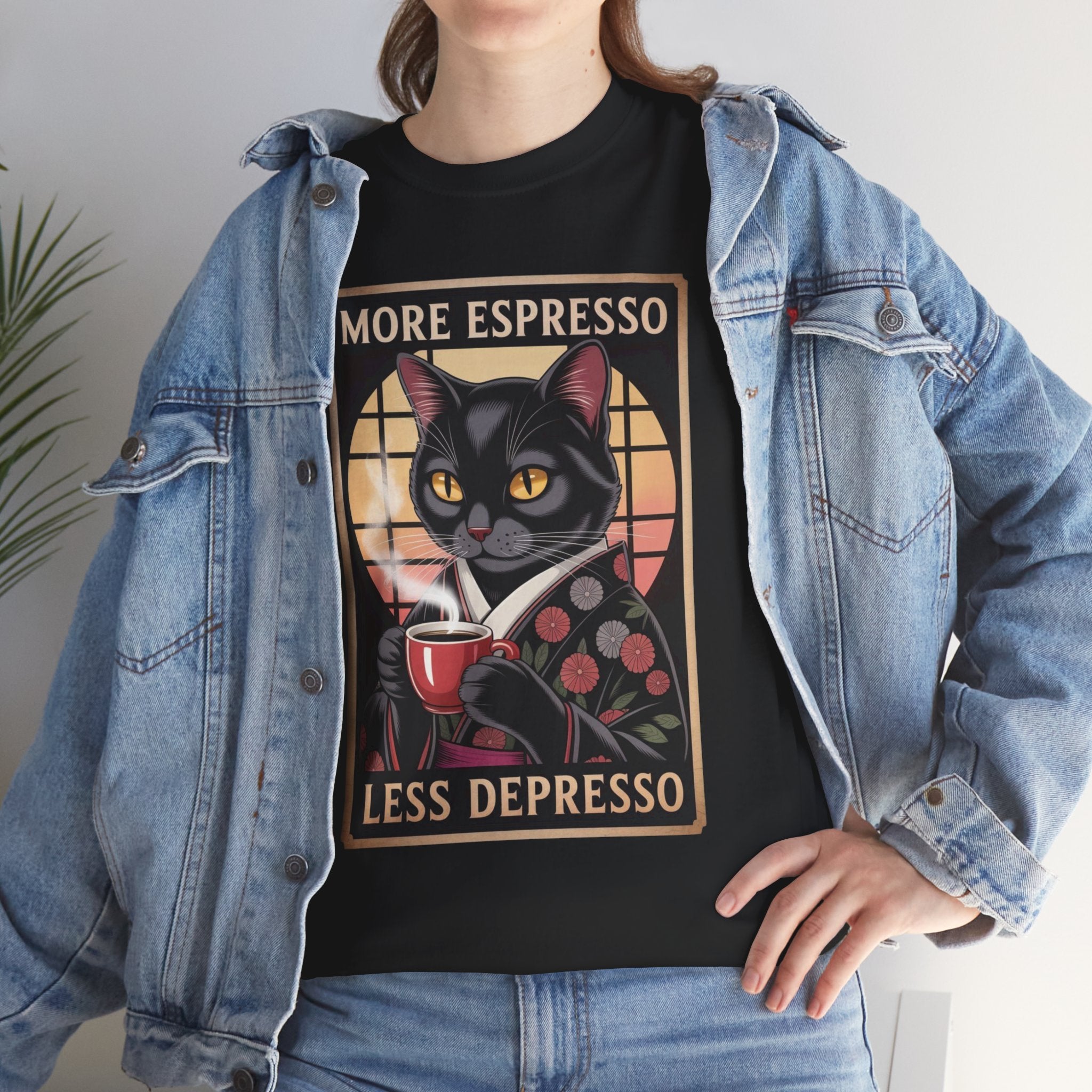 T-Shirt — "More Espresso Less Depresso" Cat Coffee Vintage Graphic Tee