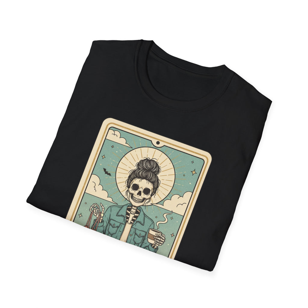 The Dance Mom Tarot T-Shirt — Skeleton Mom Holding Ballet Shoes Graphic Tee