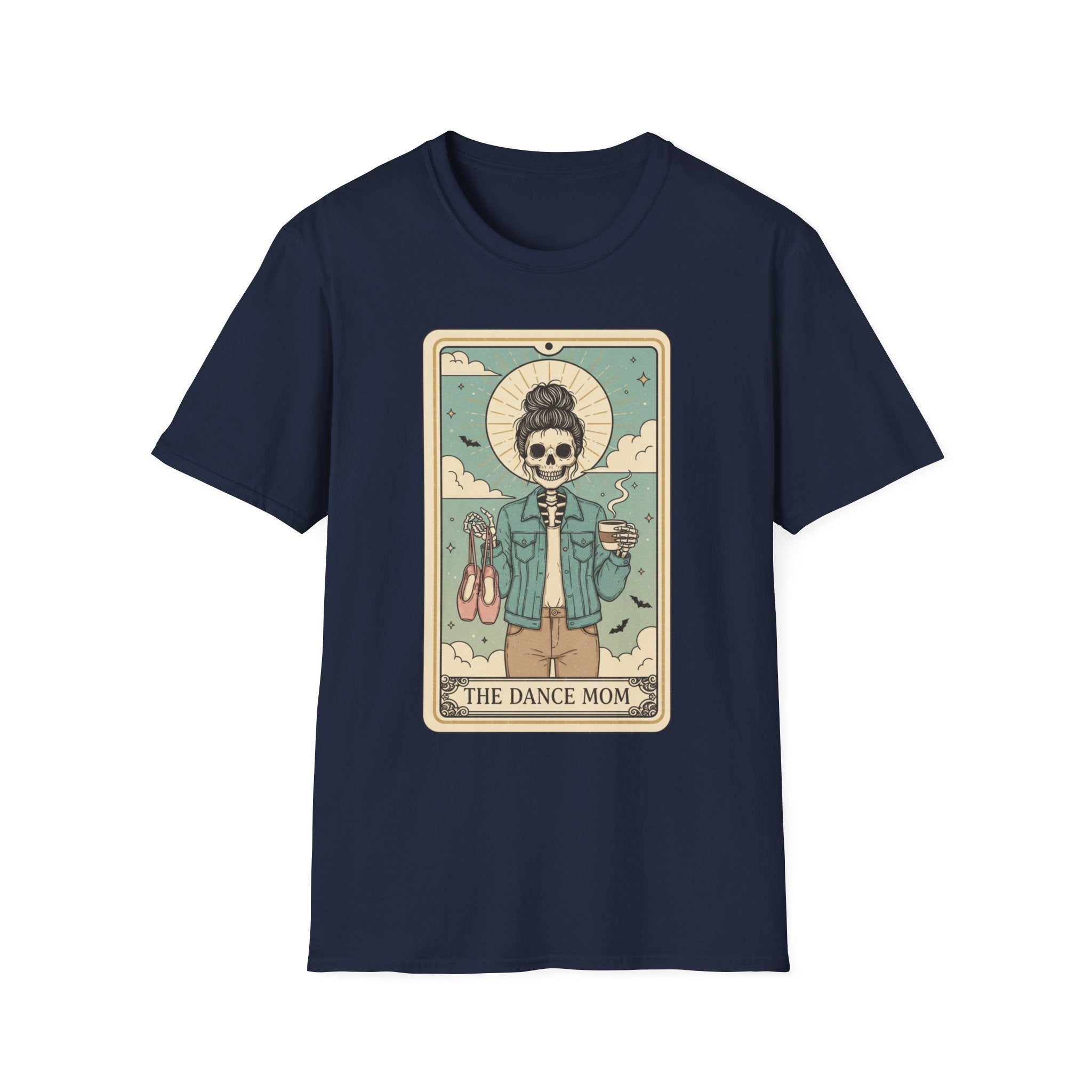 The Dance Mom Tarot T-Shirt — Skeleton Mom Holding Ballet Shoes Graphic Tee
