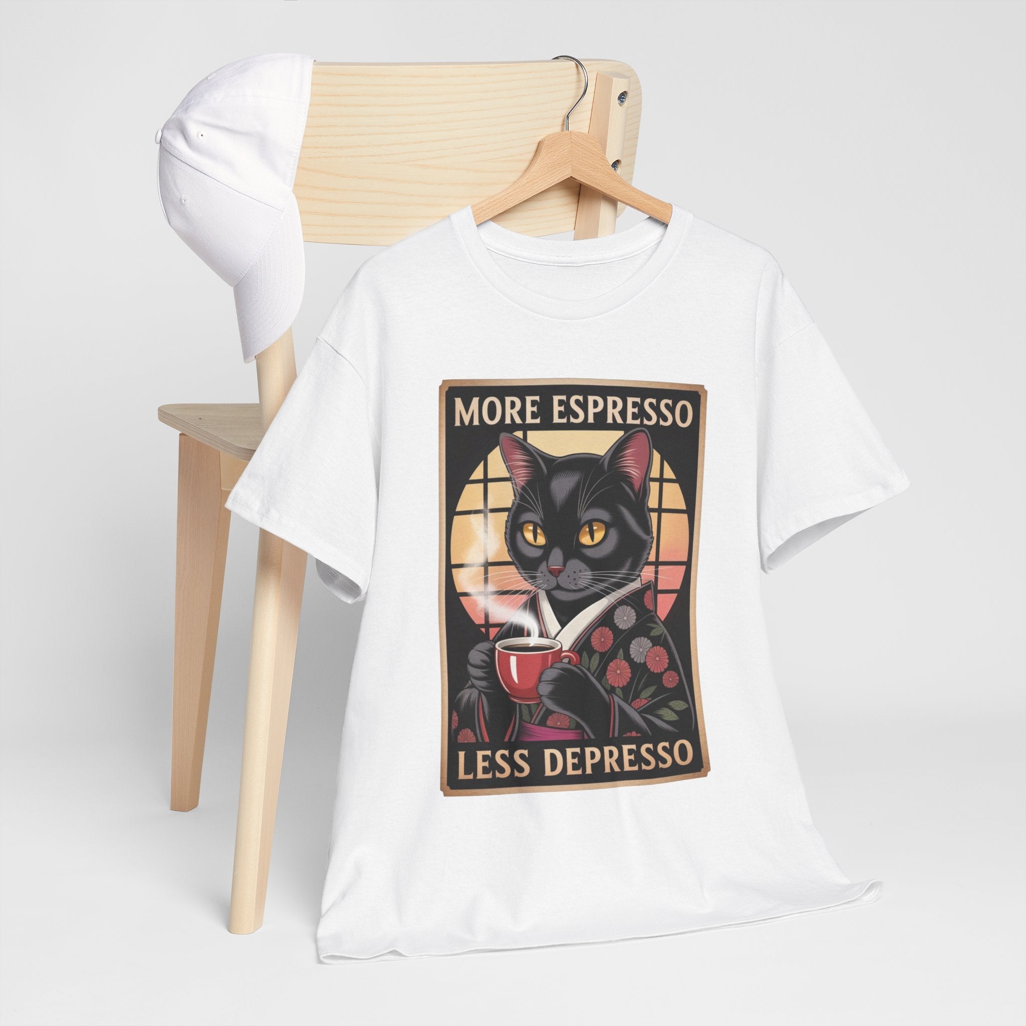 T-Shirt — "More Espresso Less Depresso" Cat Coffee Vintage Graphic Tee