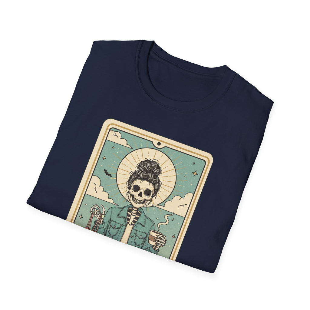 The Dance Mom Tarot T-Shirt — Skeleton Mom Holding Ballet Shoes Graphic Tee